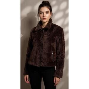 Giancarlo Ferrari Jacket Womens 12 Brown Textured Faux Fur Full Zip Lined